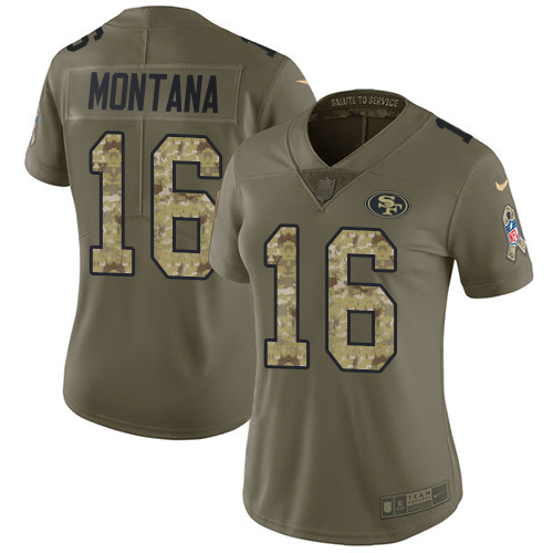 Nike 49ers #16 Joe Montana Olive/Camo Women's Stitched NFL Limited Salute to Service Jersey